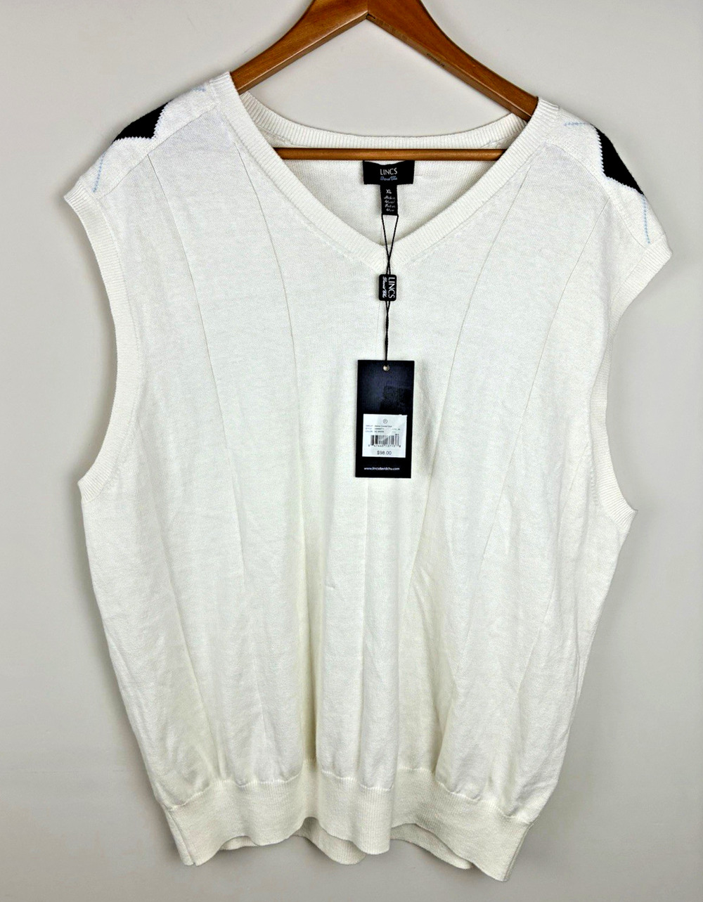 LINCS David Chu Men’s White V-Neck Knit Sweater Vest XL Cotton Cashmere Logo